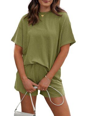 〽️Women's Shorts Set Army Green Short Sleeves Two Piece Matching Tracksuit